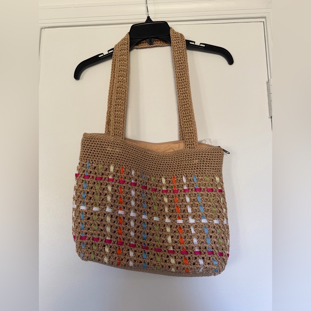 The Sak Tan Crochet Bag with Colorful Ribbon Accents